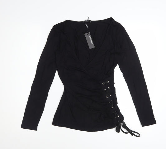 Anienaya Womens Black Wrap Long Sleeve Slim Fit Blouse XS