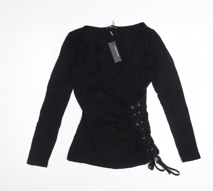 Anienaya Womens Black Wrap Long Sleeve Slim Fit Blouse XS