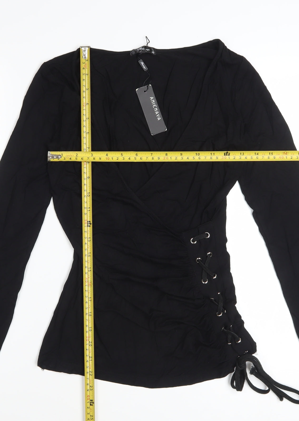 Anienaya Womens Black Wrap Long Sleeve Slim Fit Blouse XS