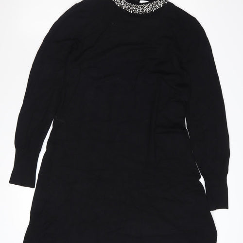 Warehouse Women's Black Beaded Neck Long Sleeve Shift Dress Size 14