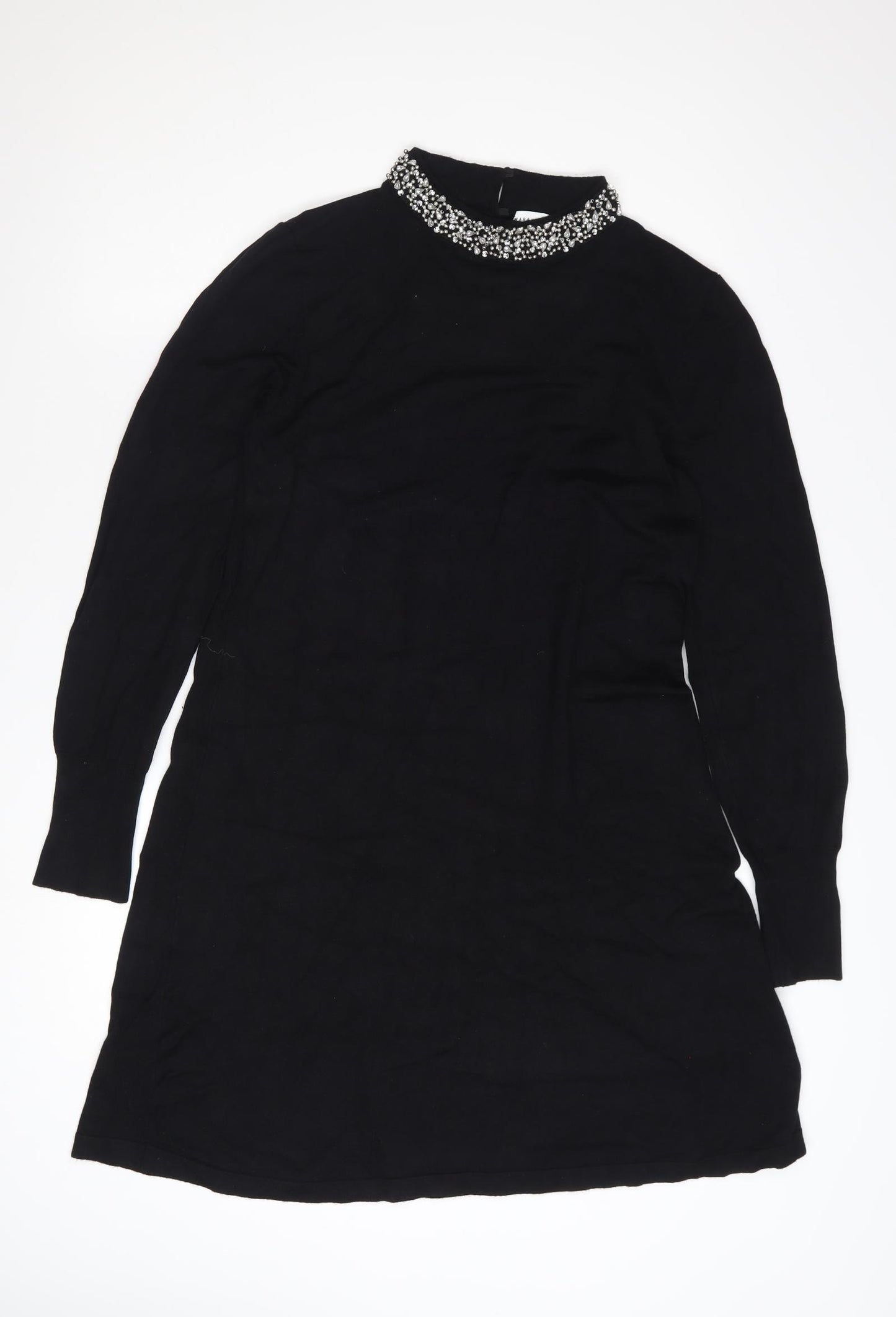 Warehouse Women's Black Beaded Neck Long Sleeve Shift Dress Size 14