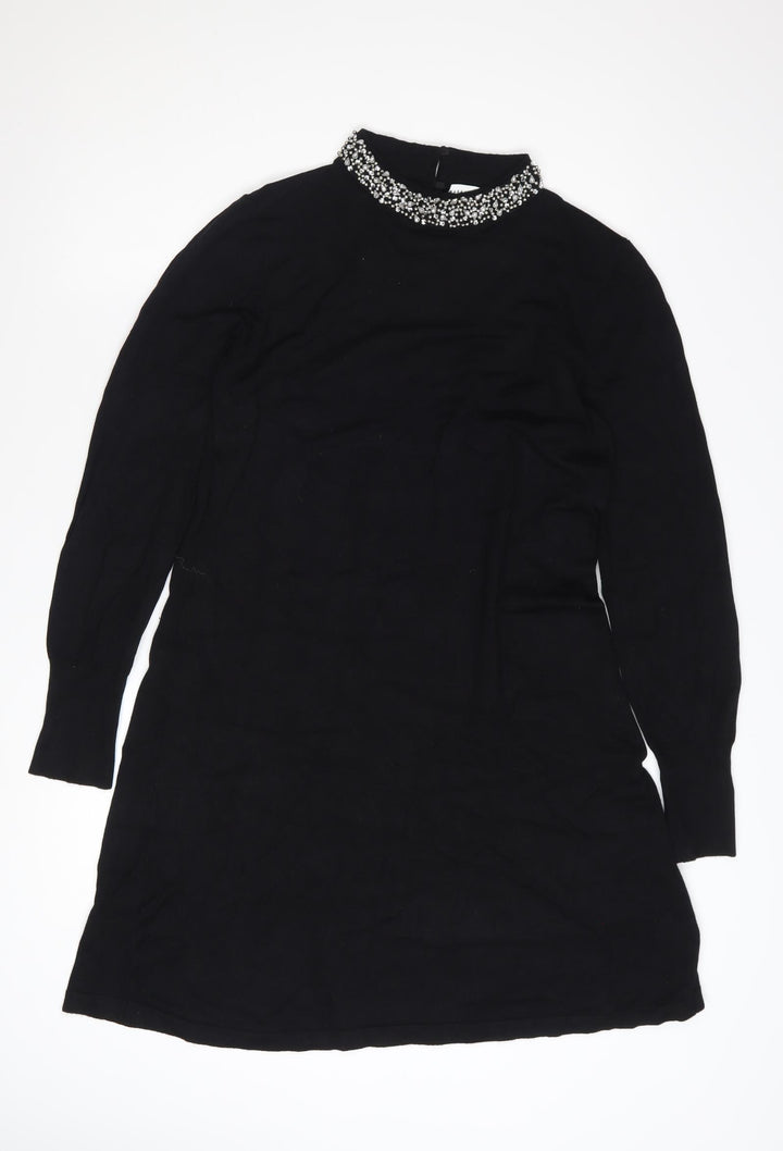 Warehouse Women's Black Beaded Neck Long Sleeve Shift Dress Size 14