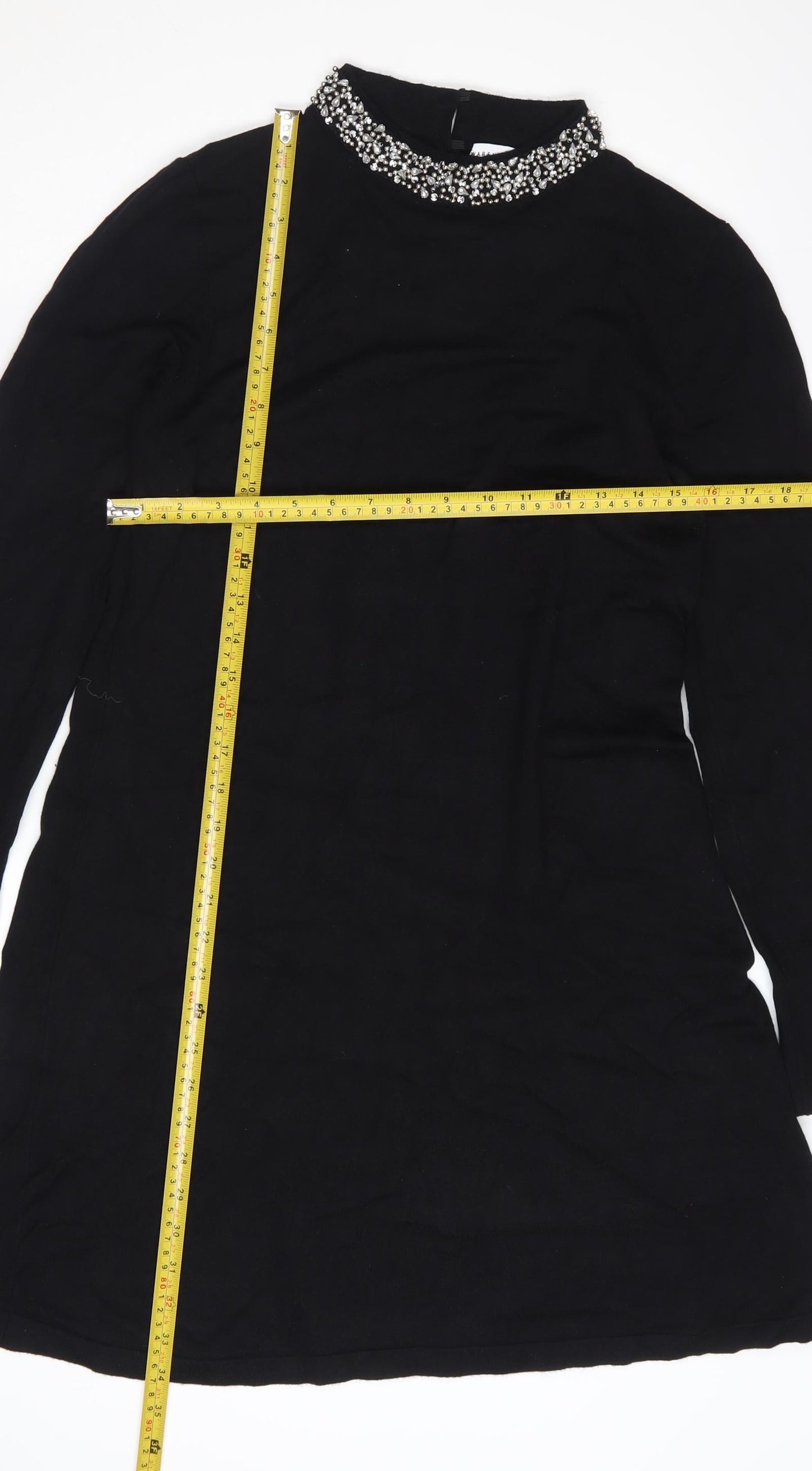 Warehouse Women's Black Beaded Neck Long Sleeve Shift Dress Size 14