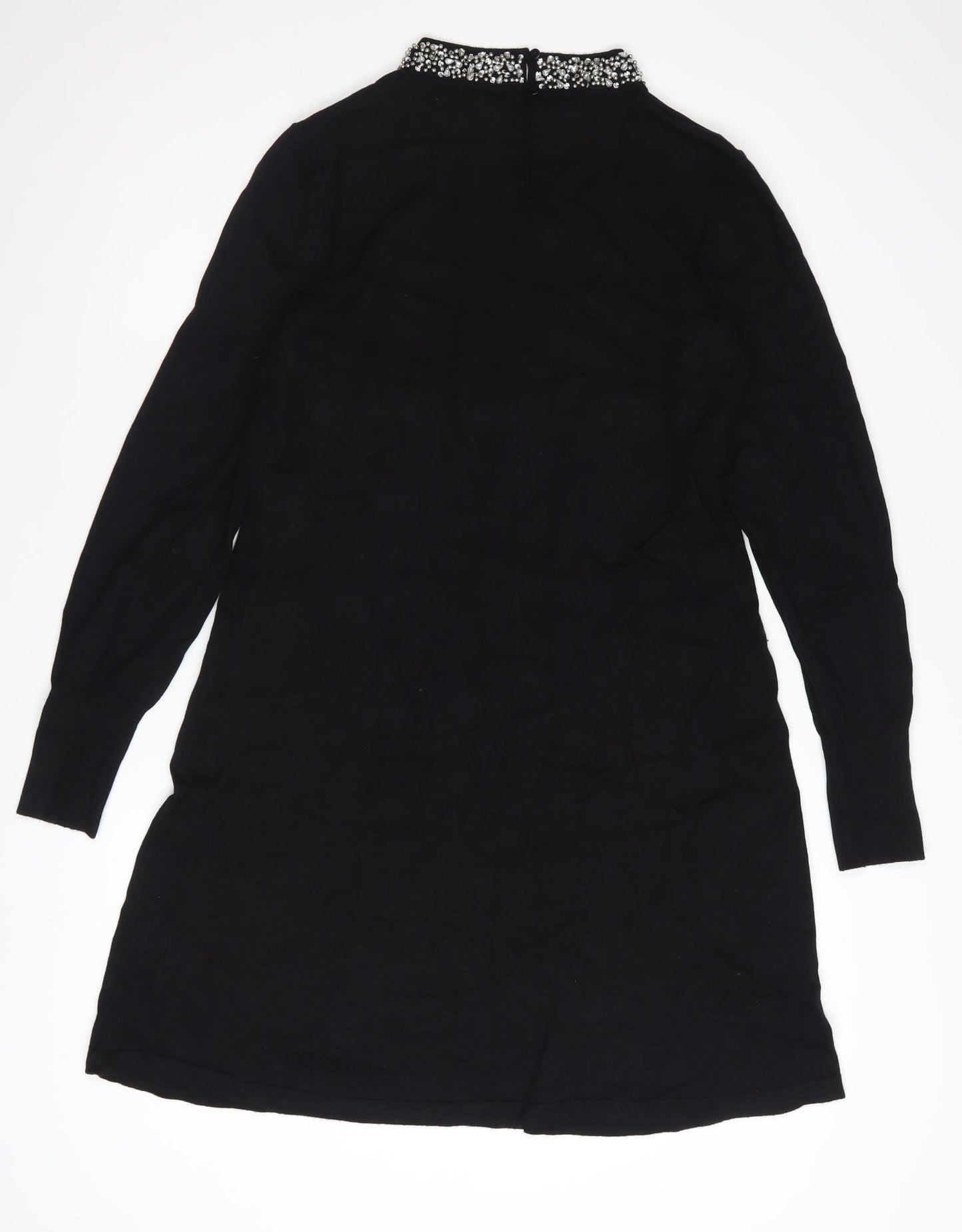 Warehouse Women's Black Beaded Neck Long Sleeve Shift Dress Size 14