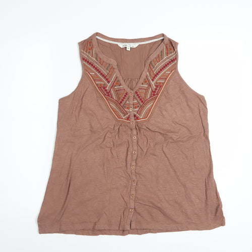 Fat Face Women Brown Embroidered Sleeveless Tunic Blouse Size 14