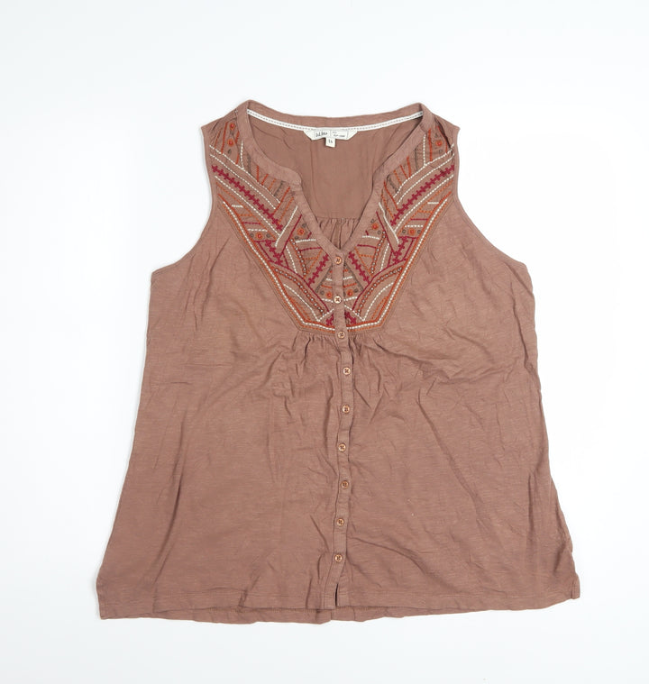 Fat Face Women Brown Embroidered Sleeveless Tunic Blouse Size 14