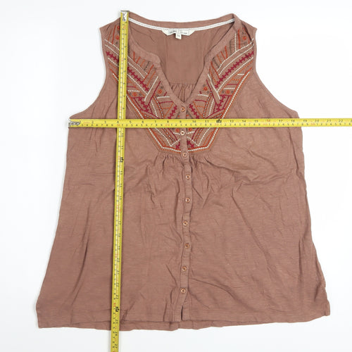 Fat Face Women Brown Embroidered Sleeveless Tunic Blouse Size 14