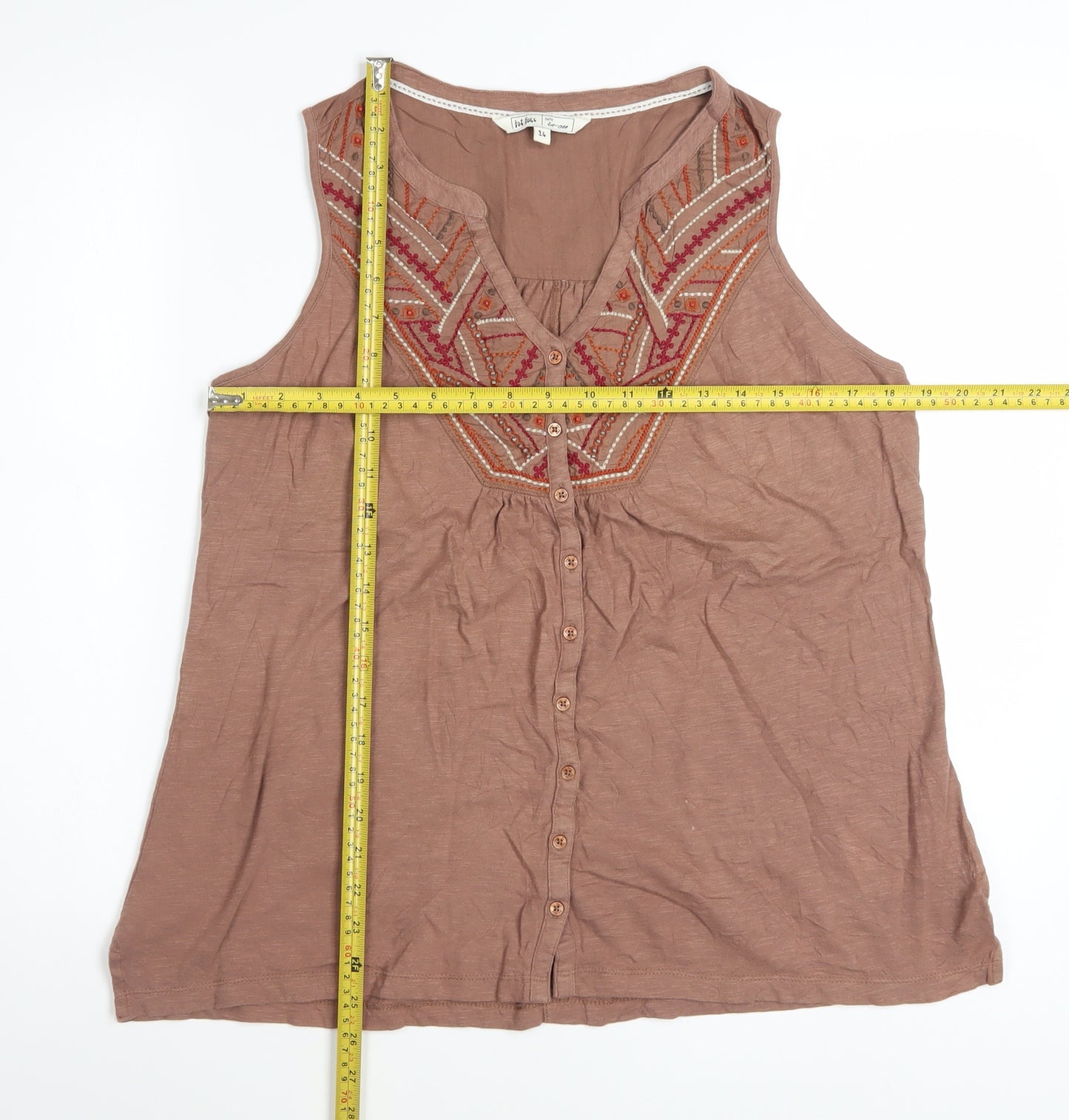 Fat Face Women Brown Embroidered Sleeveless Tunic Blouse Size 14
