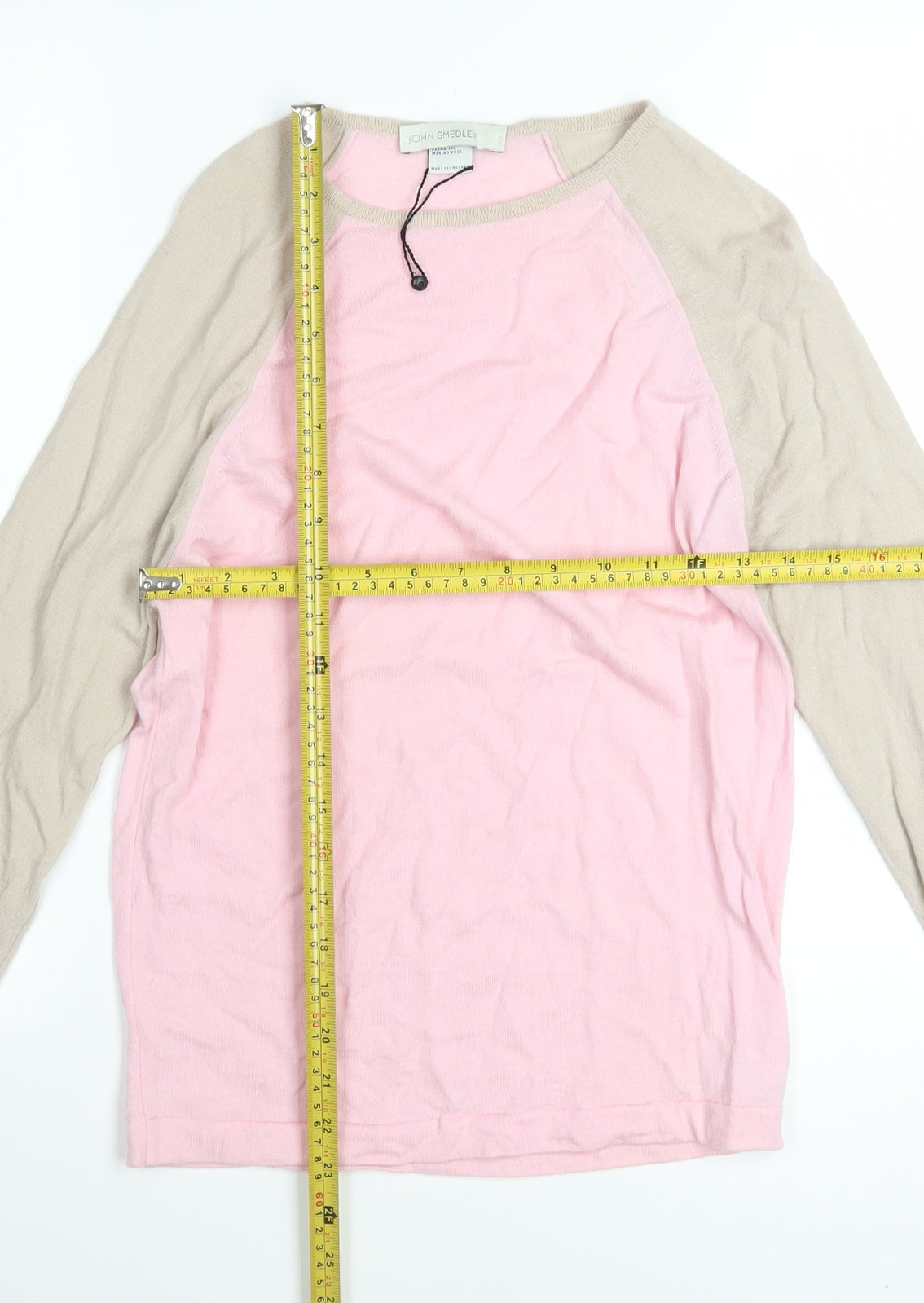 John Smedley Women's Pink Beige Merino Wool Crew Neck Jumper M