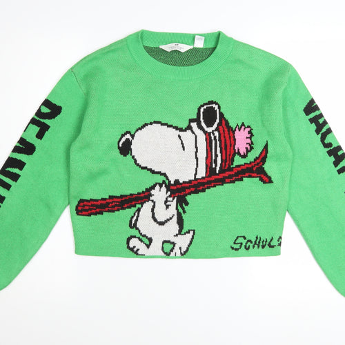 H&M Girls Green Peanuts Snoopy Pullover Jumper 12-14 Years Acrylic Knit