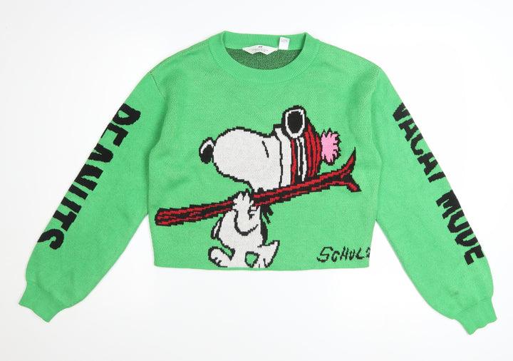 H&M Girls Green Peanuts Snoopy Pullover Jumper 12-14 Years Acrylic Knit