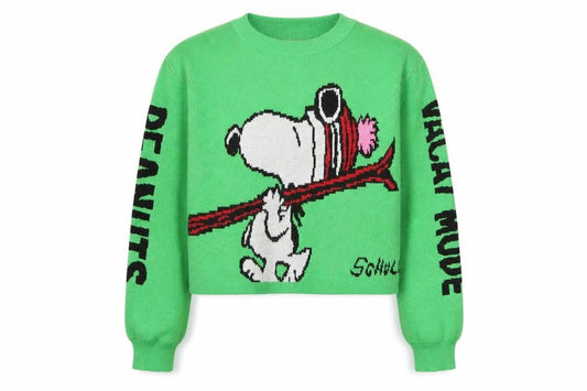 Front view of H&M girls’ green peanuts snoopy jumper 12-14 years acrylic knit