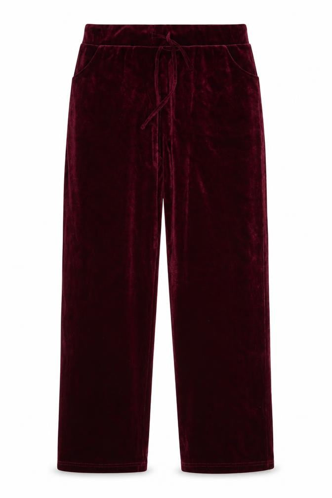 Front view of Pour Moi women’s red velvet drawstring trousers, size UK 14