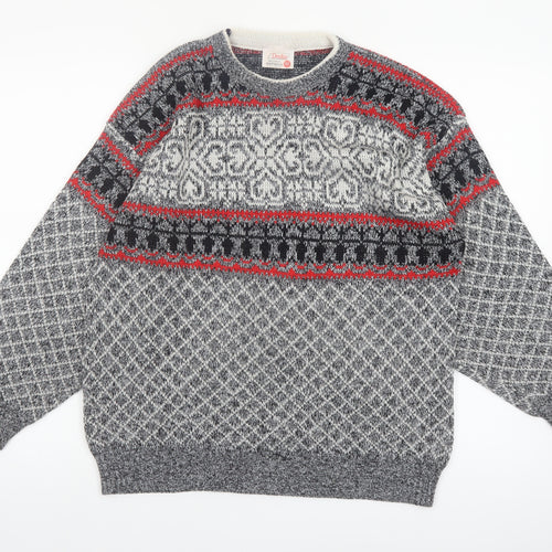 Deeko Men's Grey Fair Isle Acrylic Pullover Jumper M Vintage Knitwear