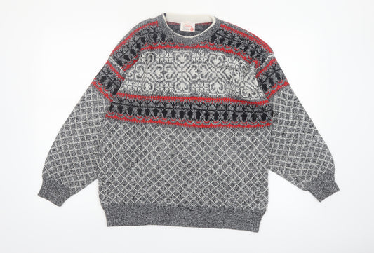 Deeko Men's Grey Fair Isle Acrylic Pullover Jumper M Vintage Knitwear
