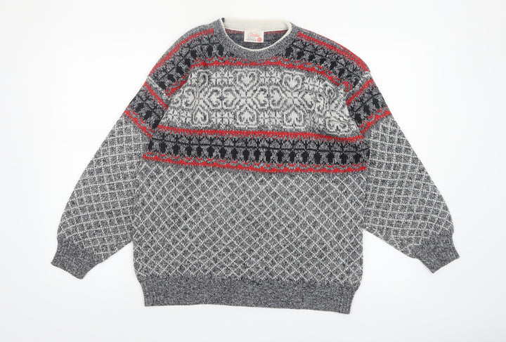 Deeko Men's Grey Fair Isle Acrylic Pullover Jumper M Vintage Knitwear