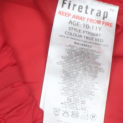Firetrap Boys Red Hooded Full Zip Windbreaker Jacket 10-11 Years