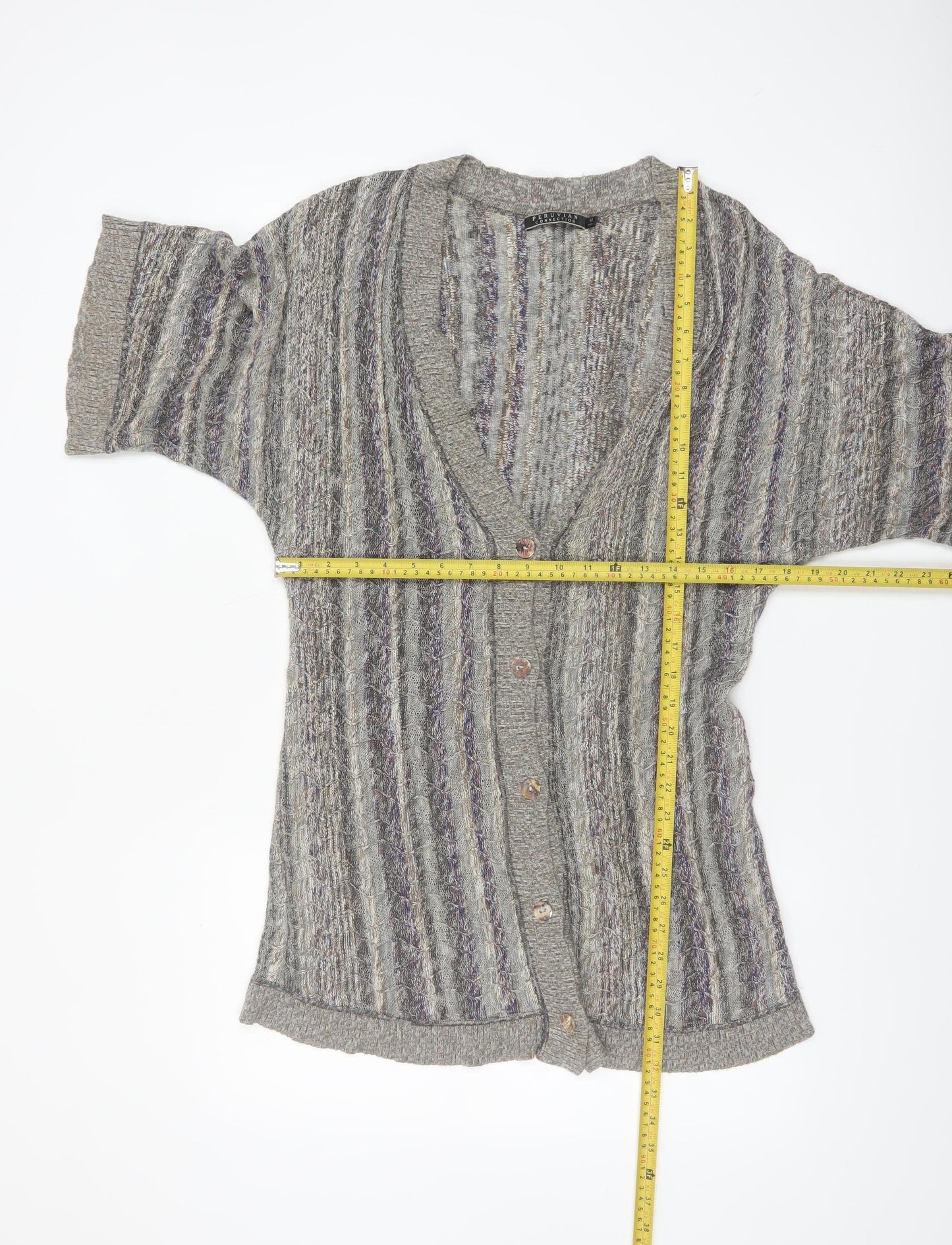 Peruvian Connection Women Grey Cardigan M Short Sleeve Knit Cotton Blend