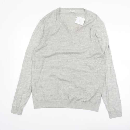 Next Men's Grey Cotton V-Neck Jumper Size L Lightweight Knit