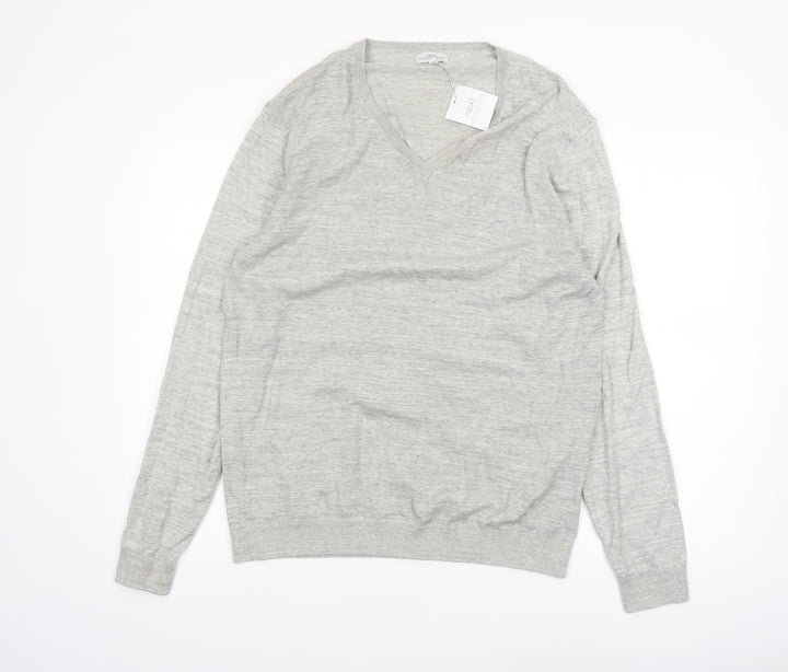 Next Men's Grey Cotton V-Neck Jumper Size L Lightweight Knit