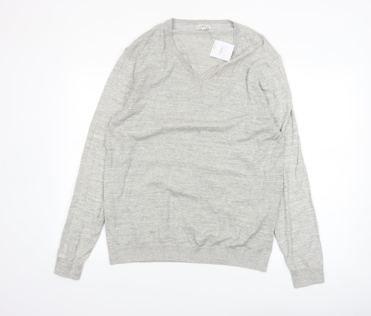 Next Men's Grey Cotton V-Neck Jumper Size L Lightweight Knit