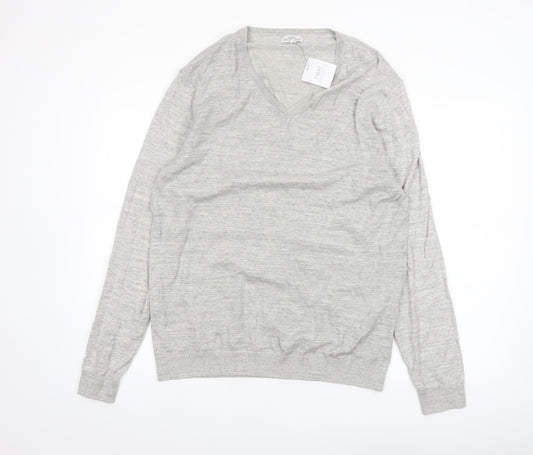 Next Men's Grey Cotton V-Neck Jumper Size L Lightweight Knit