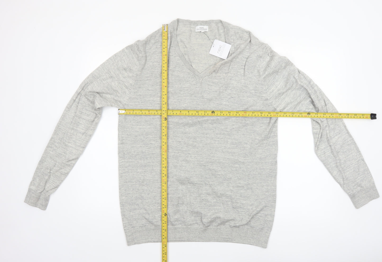 Next Men's Grey Cotton V-Neck Jumper Size L Lightweight Knit