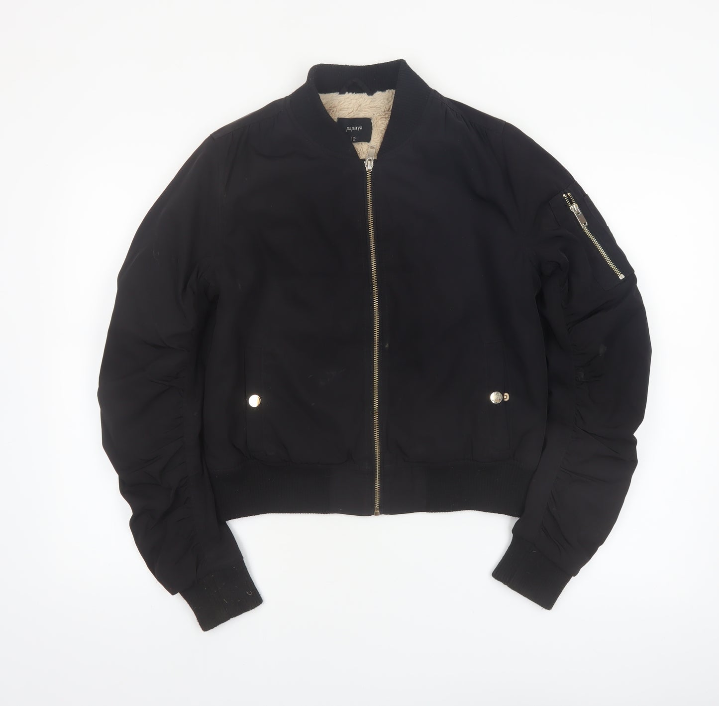 Papaya Womens Black Bomber Jacket Size 12 Faux Fur Lined