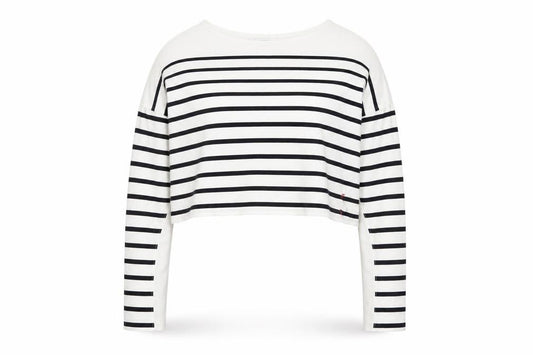 Front view of La Ligne Women’s White Striped Cropped Cotton T-Shirt M