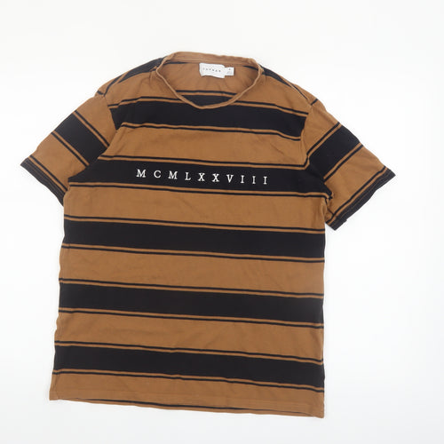 Topman Men's Brown Striped Retro Crew Neck Cotton T-Shirt M