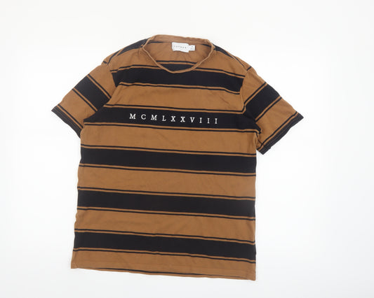 Topman Men's Brown Striped Retro Crew Neck Cotton T-Shirt M