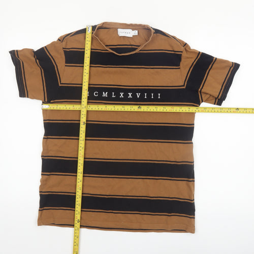 Topman Men's Brown Striped Retro Crew Neck Cotton T-Shirt M