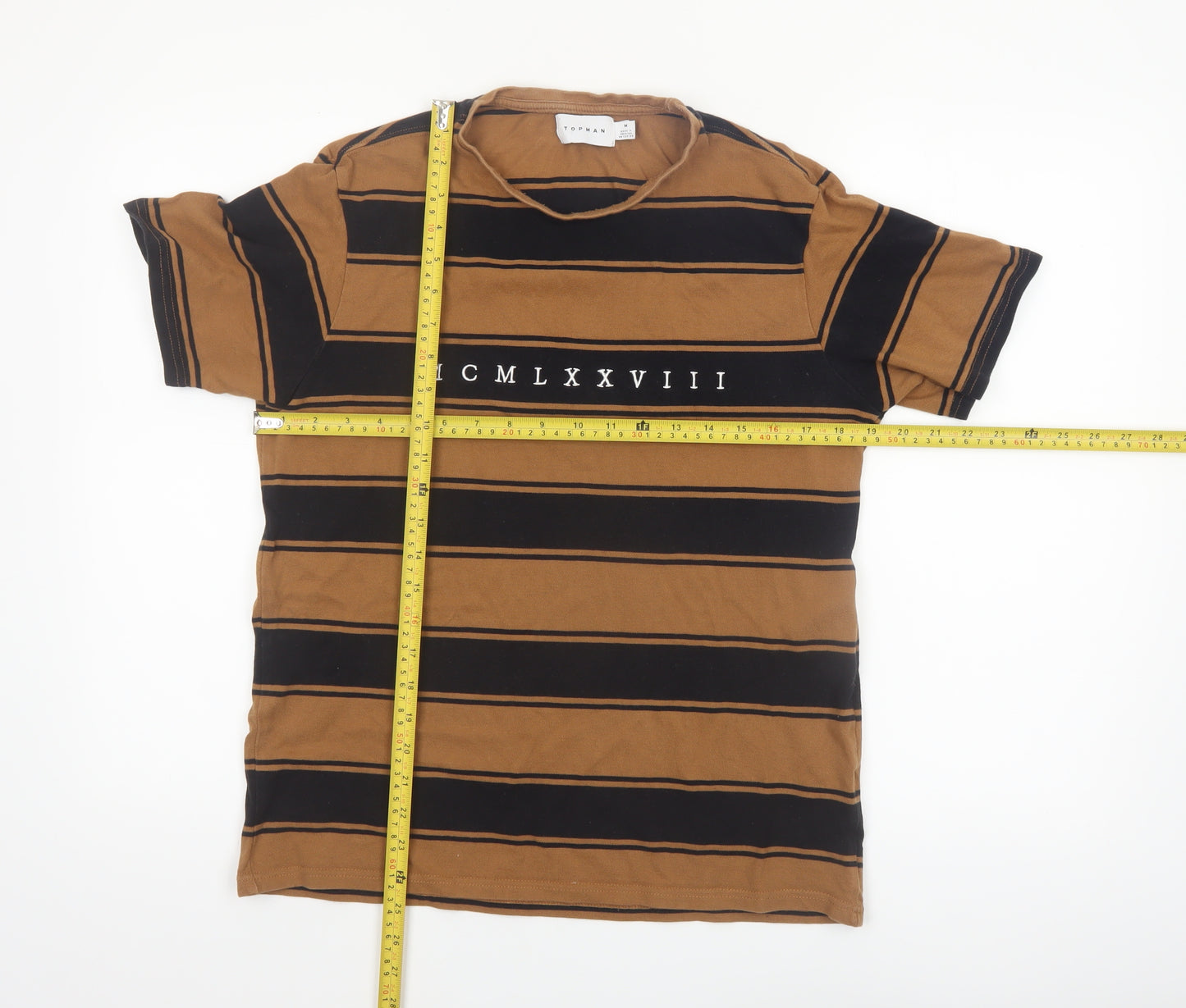 Topman Men's Brown Striped Retro Crew Neck Cotton T-Shirt M
