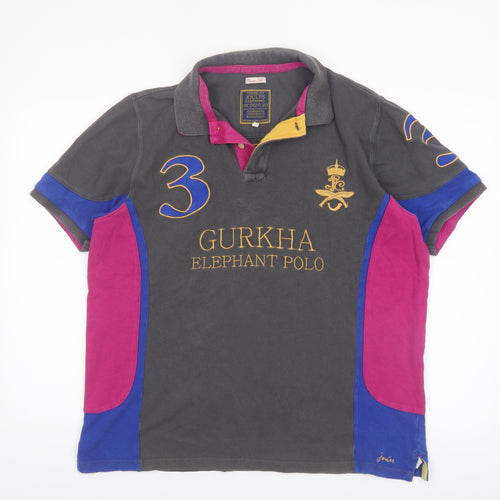 Joules Men's Grey Polo Shirt L Gurkha Elephant Polo Embroidered Cotton