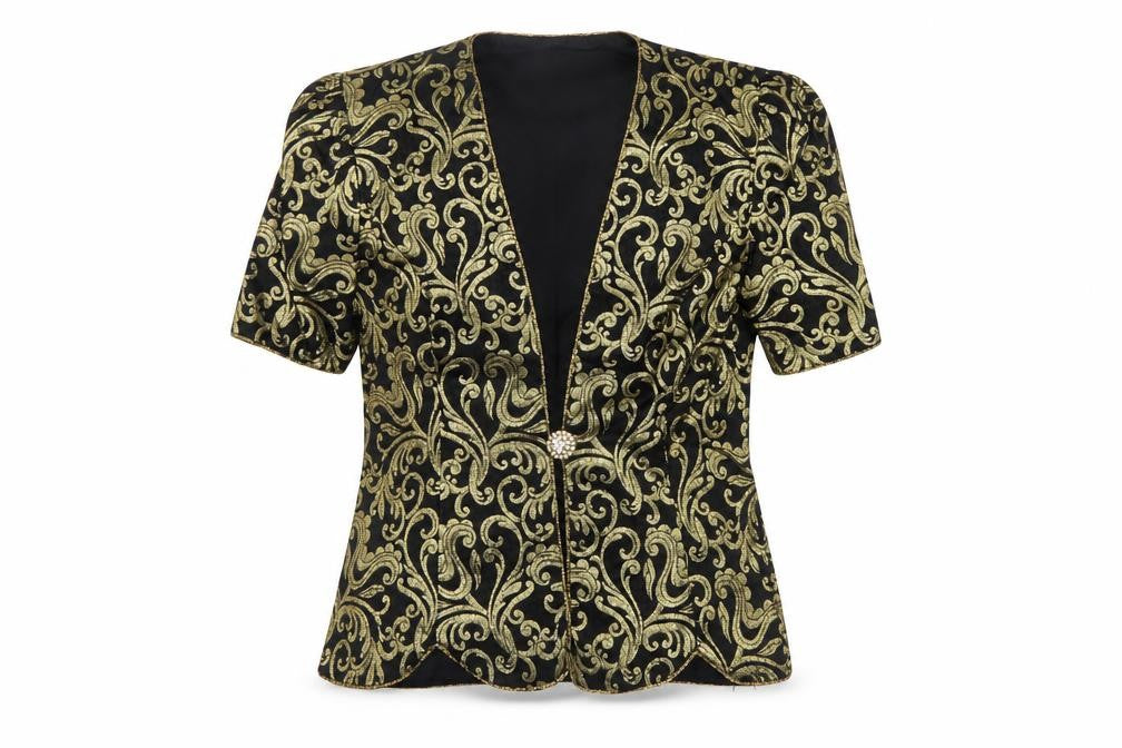 Karen Miller Women’s Black Gold Brocade Short Sleeve Tuxedo Blazer Size 8