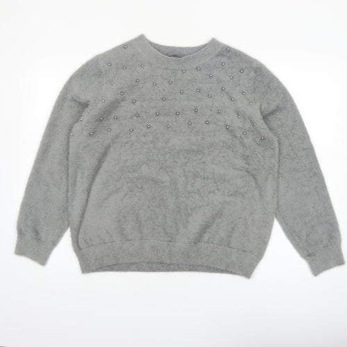 Klass Women's Grey Beaded Crew Neck Pullover Jumper Size L