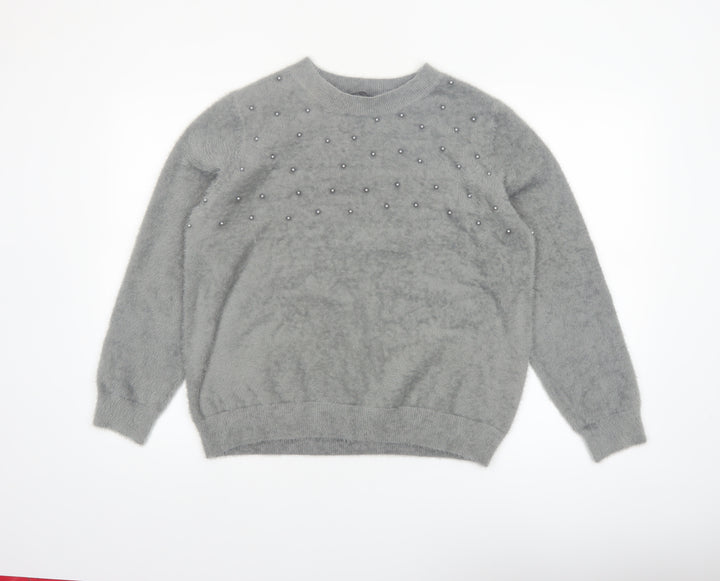 Klass Women's Grey Beaded Crew Neck Pullover Jumper Size L