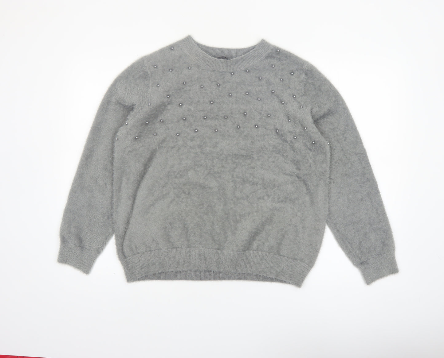 Klass Women's Grey Beaded Crew Neck Pullover Jumper Size L