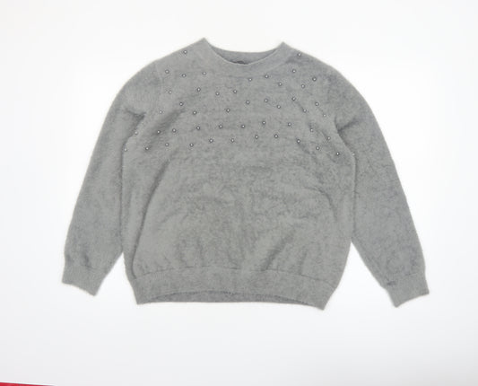 Klass Women's Grey Beaded Crew Neck Pullover Jumper Size L