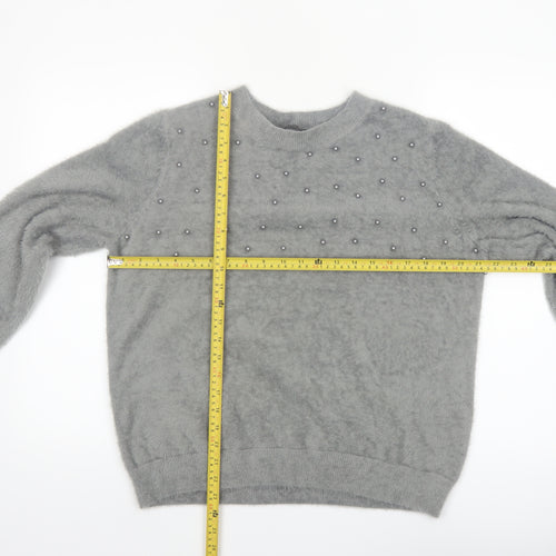 Klass Women's Grey Beaded Crew Neck Pullover Jumper Size L