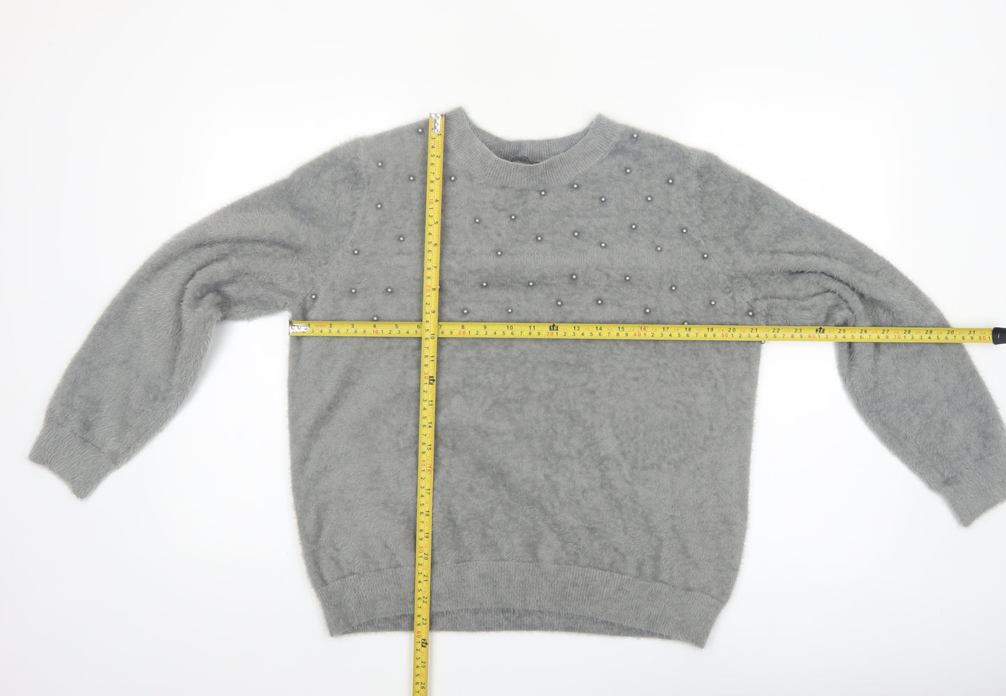 Klass Women's Grey Beaded Crew Neck Pullover Jumper Size L