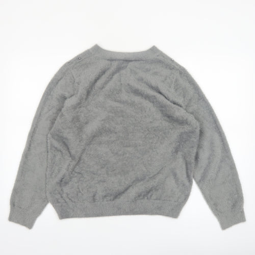 Klass Women's Grey Beaded Crew Neck Pullover Jumper Size L