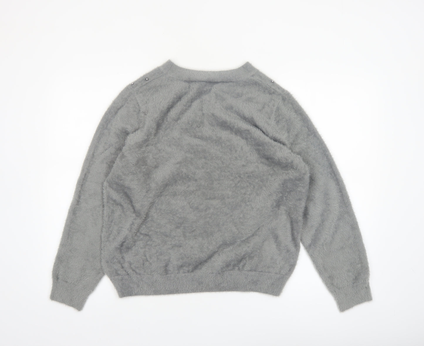 Klass Women's Grey Beaded Crew Neck Pullover Jumper Size L