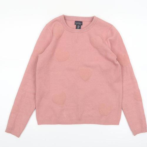 Nicole Miller Women's Pink Heart Knit Crew Neck Jumper XS