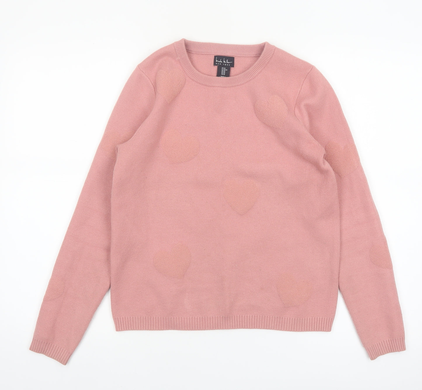 Nicole Miller Women's Pink Heart Knit Crew Neck Jumper XS