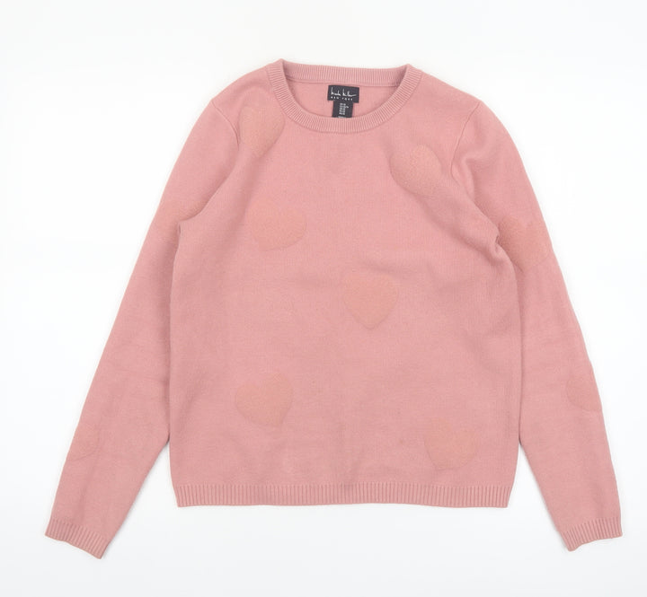 Nicole Miller Women's Pink Heart Knit Crew Neck Jumper XS