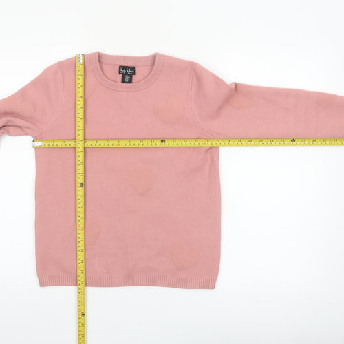 Nicole Miller Women's Pink Heart Knit Crew Neck Jumper XS