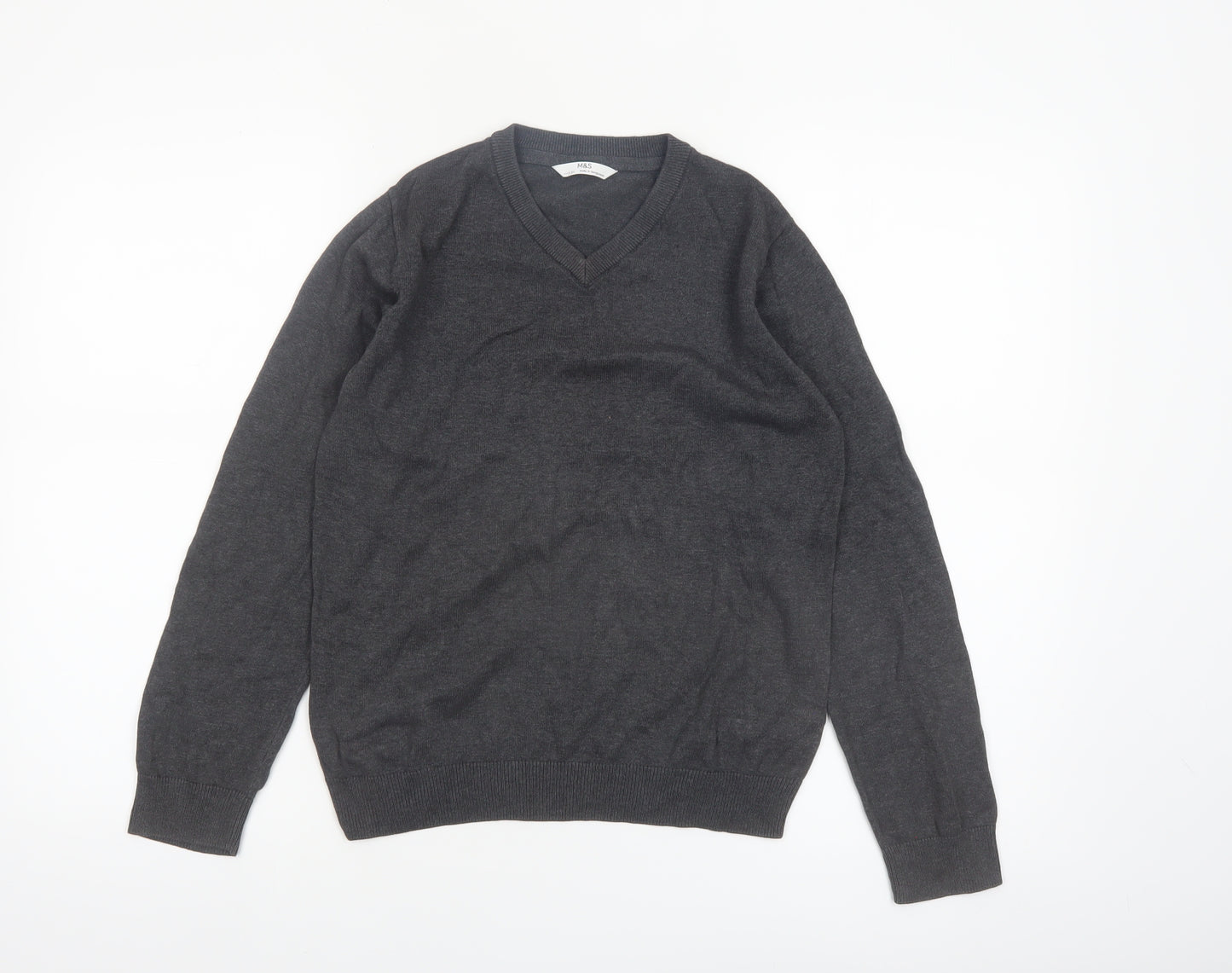 Marks and Spencer Boys Grey 11-12 Years V-Neck Cotton Jumper