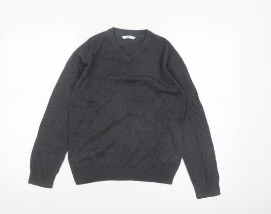 Marks and Spencer Boys Grey 11-12 Years V-Neck Cotton Jumper
