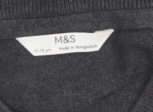 Marks and Spencer Boys Grey 11-12 Years V-Neck Cotton Jumper